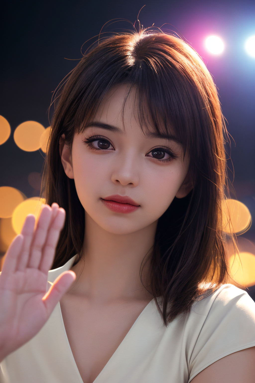 07174-3463506357-1girl,portrait,bust,dynamic_angle,realistic,highly detailed,beautiful bokeh background,(raise your hand_1.4),say hello to the au.png